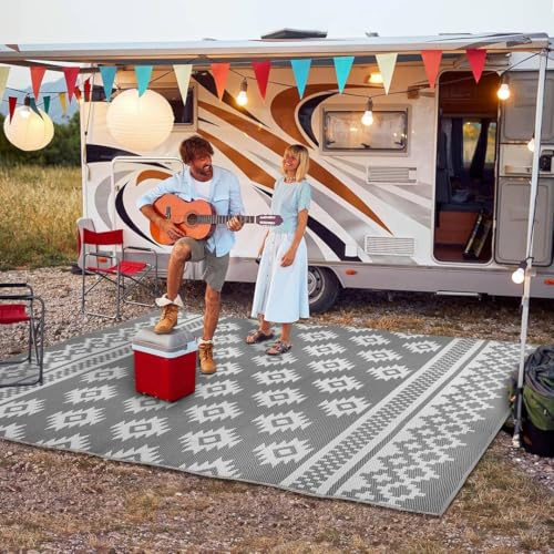 Riffle Sharkskin Grey White Outdoor Camping Rug 180x270cm 6x9ft Reversible Waterproof Picnic Mat Garden Patio Beach Festival Tent Ground Mat Large Outdoor Floor Rug Lightweight Foldable Portable