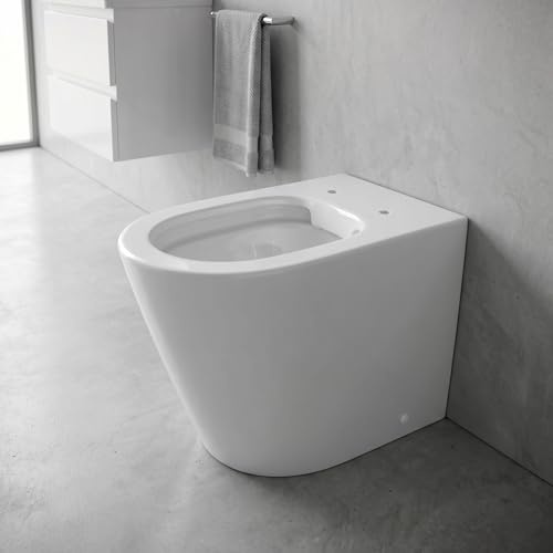 Vaso WC Filo Muro in Ceramica Bianca Lucida, Made in Italy - Water a Terra con Design Arrotondato Morbido per Bagno - Sanitario Ergonomico di Alta Qualità - Arredo Bagno (Vaso Tondeggiante)
