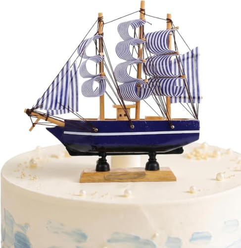 Mini Sailboat Cake Topper Wooden Sailing Boat Model, 5.5 Inch Nautical Cake Decoration for Graduation, Birthday, Baby Shower and Coastal Party Tabletop Decor