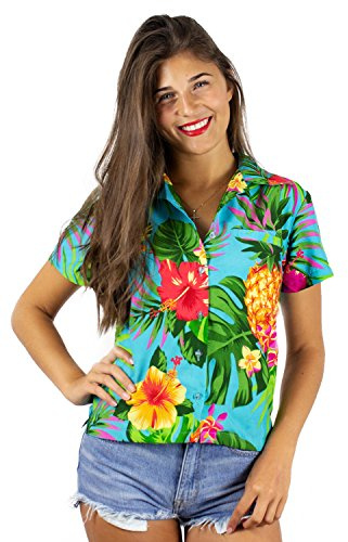 King Kameha Funky-Hawaii-Bluse-Hemd Damen Kurzarm Front-Tasche Stylish Ananas Obst Tropisch