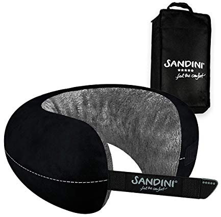 SANDINI TravelFix – Premium Reisekissen/Nackenkissen mit ergonomischer Stützfunktion – Gratis Transporttasche mit Befestigungs-Clip - Made in EU