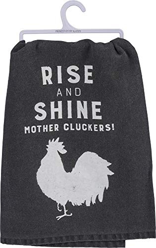 Primitives by Kathy Black White Cotton Geschirrtuch, Baumwolle, Rise and Shine Mother Cluckers, 28 x 28