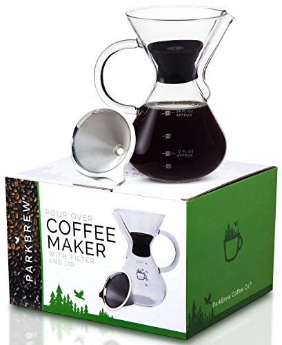 ParkBrew Pour Over Coffee Maker - set includes glass pourover carafe (up to 27 fl. oz.), heat retaining lid, and reusable coffee filter or dripper