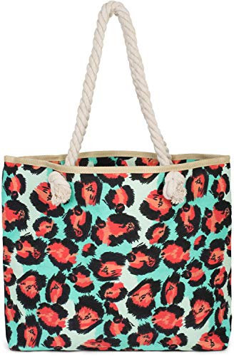 styleBREAKER Damen Strandtasche mit Leoparden Print und Reißverschluss, Schultertasche, Shopper 02012277, Farbe:Türkis-Rot