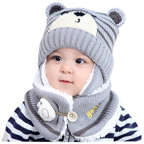 YONKOUNY Conjunto de Bufanda y Gorro de Punto para Bebe Niño Niña Linda Suave Sombrero Otoño Invierno Caliente Gorro con Bufanda de Lana Beanie Hat