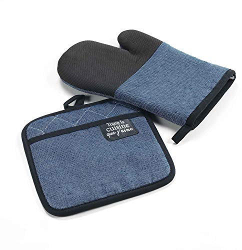 douceur d'intérieur, Gant et Manique (18 x 28 cm/20 x 20 cm) Harold Bleu, Chambray Finition PVC