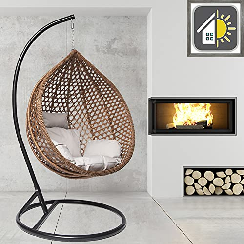 GOODS EMPORIUM Luxury Rattan Hanging Egg Chair Outdoor & Indoor Garden Swing Chair Hammock with Cushions - FREE COVER INCLUDED (Medium, Black - Brown - Grey)