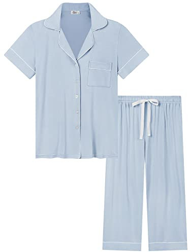 Amorbella Ladies Button Up Pyjamas Bamboo Pajama Set for Women Short Sleeve Pjs Cooling(Blue, Medium)