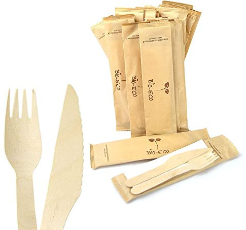 PZ 100 BIS POSATE IN LEGNO FORCHETTA, COLTELLO E TOVAGLIOLO IMBUSTATE IN BUSTA 100% CARTA IDEALI PER FAST FOOD E ASPORTO