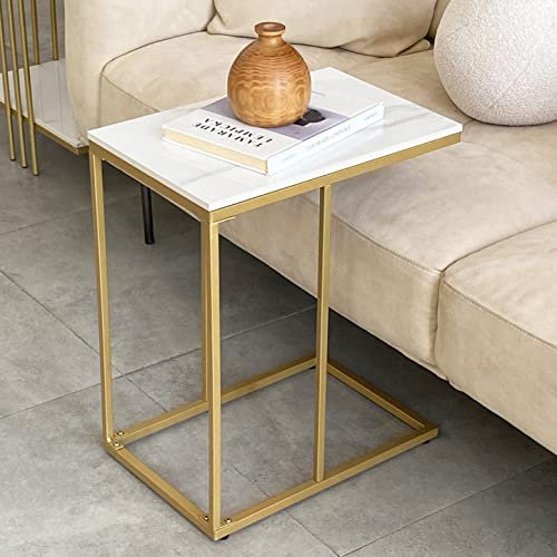 FATIVO Table d’Appoint Marbre Blanche: Bout de Canapé de Salon Métal Design Guéridon Style Moderne Table de Chevet Rangement pour Salon Bureau Chambre - Doré 45x30x55cm
