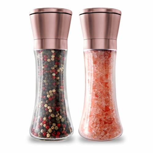 Bonris Salt and Pepper Grinder Set – 2-Pack Copper Stainless Steel Manual Mill with Adjustable Coarseness, Clear Glass Body & Ceramic Rotor