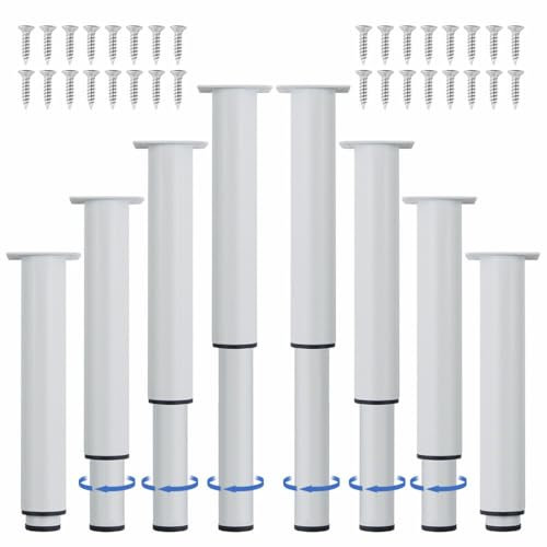 XINMEIWEN Lot de 8 pieds de meubles réglables en métal de 25,4 à 41,9 cm, pieds d'armoire, cadre de lit central robuste avec 16 vis pour table, lit, canapé (blanc)