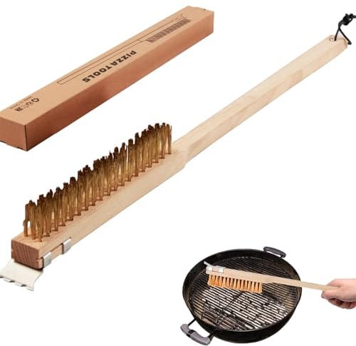 TourKing Pizza Oven Brush with Scraper, Copper Wire Stone Cleaning Wood Handle, Barbecue Grill Tool Kitchen Accessories Easily Cleans Metal Grills and (YHY019)