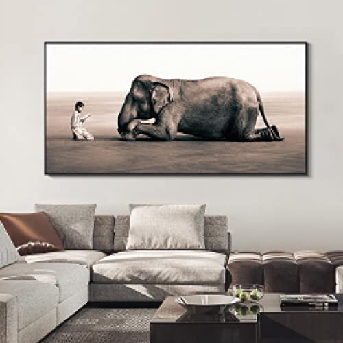 GEMMII Leinwandbilder XXL Boy Reading to Elephant Painting Ashes and Snow Posters and Prints Wall Art Animals Pictures Home Decor 50x100cm Rahmenlos