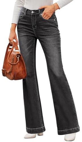 Roskiky Pantalon évasé pour femme, coupe large, baggy, taille haute, stretch, pour femme, Noir , S