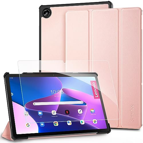 EasyAcc Coque pour Lenovo Tab M10 Plus 3ème Génération TB125/TB128 2022 en Verre trempé, Housse Étui avec Fonction Support, Rose