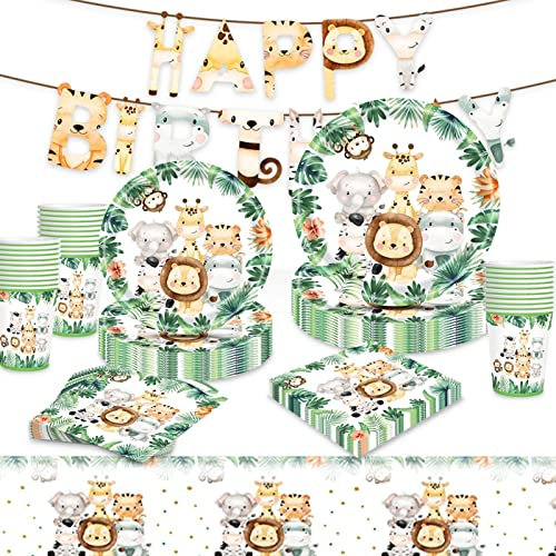 Raveparty Stoviglie Animali della Giungla per Compleanno - Kit Bambina Con Piatti Carta, Tovaglioli, Tovaglia, Bicchieri per Festa Bambino
