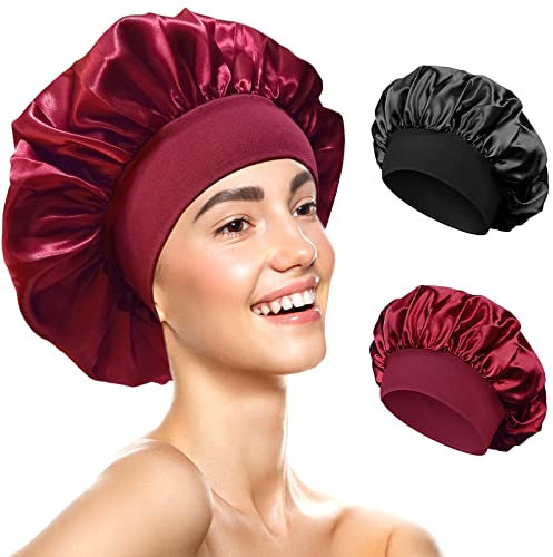Redamancy 2 Stück Satin Bonnet, Satin Haarhaube, Haarhaube für Die Nacht, Seidenhaube zum Schlafen, Wiederverwendbare Silk Bonnet Seidenhaube, für Damen und Mädchen (Schwarz, Rot)