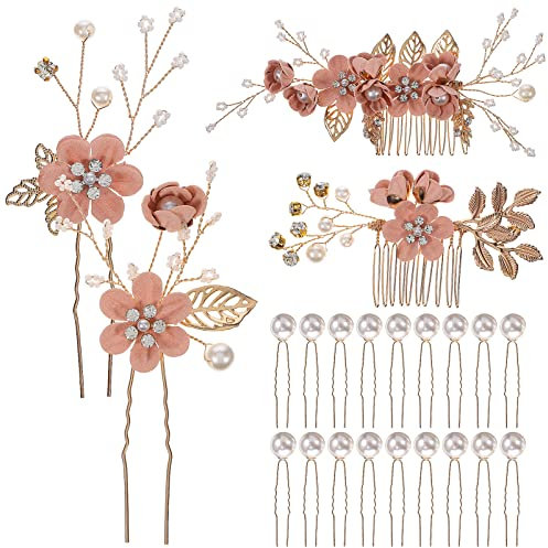 Gadpiparty 22 Stück/Set Haarspange Kamm Perle Blumen Rosegold Hochzeit Haarkamm Hochzeit Braut Haarnadel Haar Seitenkamm Kristall Kamm Clips Mit Haarstäbchen Haarschmuck