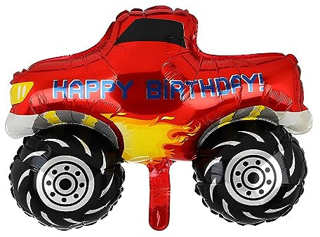 Folienballon mit Fahrzeug Motiv, Monstertruck Design in Rot, Happy Birthday Schriftzug, Ideal für Kindergeburtstage, ca. 74 * 57,5 cm, Luft- oder Heliumbefüllung möglich, Party Dekoration