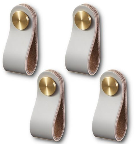 HOOZ 4 Stück PU Ledergriffe für Möbel, Schrankknöpfe mit Schrauben, Handgemachte Griff Möbelknöpfe, für Küchenschränke und Kleiderschrank (14cm x 2,5cm) (Grau)