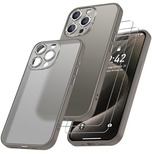 Qasyfanc Hybrid Cover Compatibile con iPhone 15 Pro con Protezione Fotocamera e 2 Pellicola Vetro Temperato, Custodia per iPhone 15 Pro Sottile Antiurto Anti-Graffio, Titanio