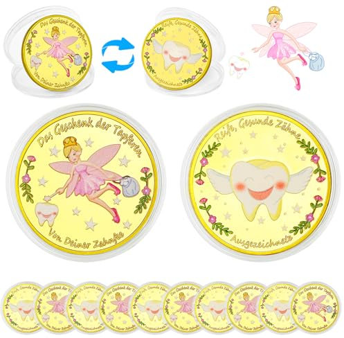 VEEKAY Pièce de Fée des Dents,10 Pièces coloré Pièces de Monnaie Or,Cadeau Fée des Dents,Pièces d'or avec des motifs différents sur les deux faces,Fée des dents colorées, Dents,Pièce Commémorative