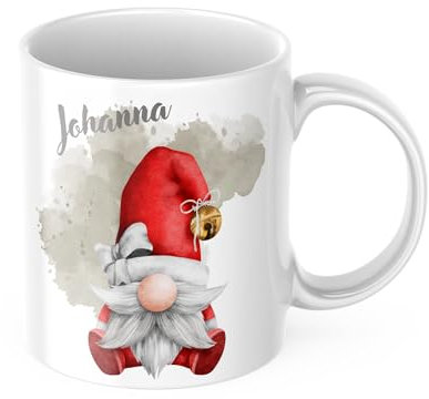drunkLY Weihnachtstasse mit Namen - mit Gnom-Motiv - personalisierter Keramik Kaffee-Becher – Weihnachts-Tasse - Glühwein-Tasse - Nikolaus & Wichteln Geschenk-Idee (weiß)