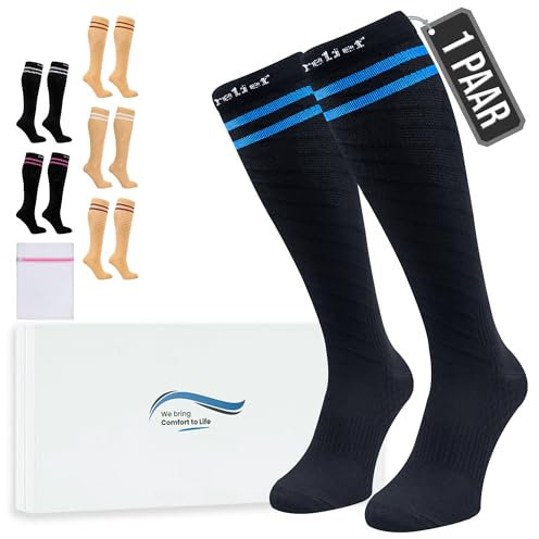 360 Relief Kompressionsstrümpfe Klasse 1 für Damen und Herren - 15-20 mmHg Stützstrümpfe für langstreckenflug, Reise, Sports, Running, Laufen - 1 Paar Kompressionssocken L/XL Schwarz mit Wäschenetz