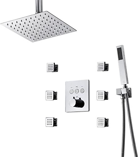 Duschsystem, 10-Zoll-Thermostat-Badezimmer-Duscharmatur-Set, Chrom-Duschkombinationsset, Messing-Mischer-Dusche mit quadratischem Duschkopf, Handbrause, 6 Körperdüsen, Deckenmontage