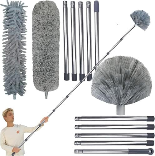 Staubwedel-Set mit hoher Reichweite, 6,8 m mit Verlängerungsstange für die Reinigung von Ventilatoren, Spinnennetz, hohen Decken, Jalousien, Möbeln, Autos – Spinnennetz-Mikrofaser-Staubwedel //