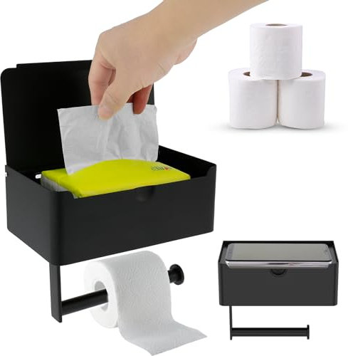 Toilet Roll Holder with Shelf, 2 in 1 Toilet Roll Holder with Storage Box, Wall Mounted/Self Adhesive Toilet Paper Holder, Stainless Steel Toilet Wipes Dispenser Box for Bathroom Home(black)