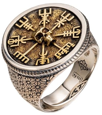 Zweifarbiger 925 sterling silber wikinger kompass vegvisir und totenkopf ring runder siegelring nordischer schmuck für herren größe 67 verstellbar