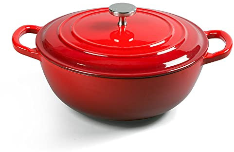 M-COOKER Olla holandesa de 4.5 cuartos de galón con tapa: versátil horno holandés esmaltado de hierro fundido para hornear pan de masa madre o freír, asar y cocinar a fuego lento (rojo)