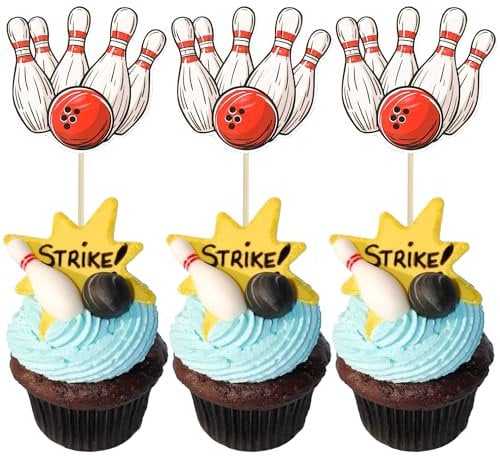 36Pcs Bowling Cupcake Toppers Sports Theme Bowling Cupcake Food Toothpicks Baby Shower Cake Decorations for Sport Balls Theme Bowling Kids Birthday Party Decorations