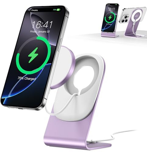 Chargeur Mag Safe BHHB Chargeur sans Fil Chargeur mag-Safe avec Support pour iPhone 16/15/14/13/12/Xs/X/Xr/8 Série et Air Pods 4/3/2/Pro (Rose)