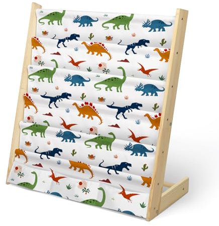 wooshwa Wooden Sling Children's Bookshelf 5 Tier Toy and Book Storage Organizer 3 Pockets Kids Bookcase with Deep Sleeves for Boys Playroom Nursery Bedroom (Colorful Dinosaur)