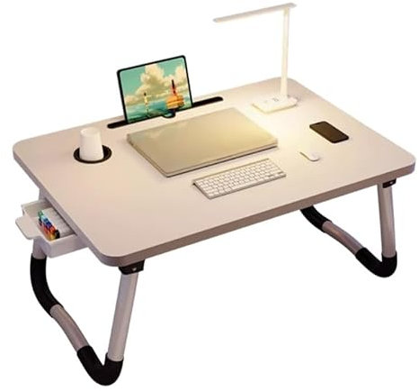 Laptop Betttisch Klappbar, Klappbarer Laptoptisch: Arbeitsplatz, Lernort, Zeichenfläche – Kompakt, leicht, mit Tablet-Aussparung, Trinkhalter, rutschfesten Füßen und Schublade