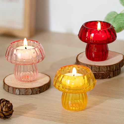 Glasseam Bougeoirs à Thé en Forme De Champignon : Bougeoir en Verre Lot De 3 Porte-Bougies à RéChaud pour La Maison Porte-Bougies à RéChaud ColoréS pour Le Salon, La Table, Le Jardin Et Les FêTes.
