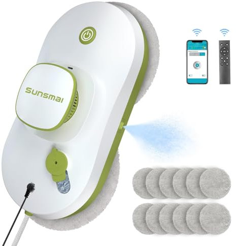 Fensterputzroboter mit Automatischem Wasserstrahl, SUNSMAI Fernbedienung intelligenter Roboter fensterputzer mit Sicherheitsseil, fensterroboter mit Starke Absaugung für glatten Oberflächen (Grüner)