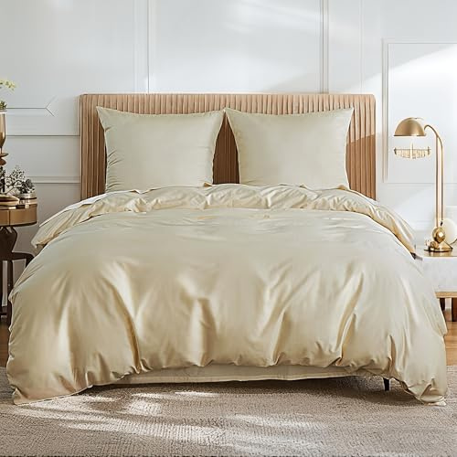 Simple&Opulence Luxus Bettwäsche 135x200 Hellbeige, 100% Ägyptische Baumwolle, 400TC Satin Optik Bettbezug und 1 Kissenbezug 80x80 cm für den ganzjährigen Gebrauch