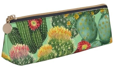 JUEXDEME Cactus Floral Bloom Leather Pencil Case Slim Design Pen Bag with Metallic Zipper Pocket Size for Or Student Office College Middle School