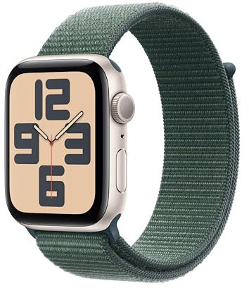 Apple Watch SE (2ᵉ génération) 44 mm GPS Montre connectée avec Boîtier en Aluminium lumière stellaire et Boucle Sport Vert lacustre. Suivi activité et Sommeil, détection Accidents, Neutre en Carbone