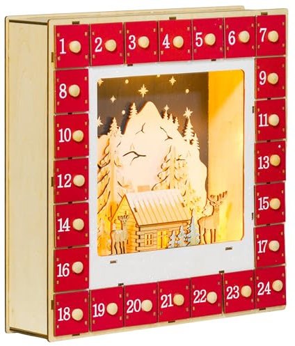 HOMCOM Calendrier de l'Avent LED, décorations de Noël en bois, 24 tiroirs à remplir, décoration lumineuse, villages, montagnes, forêts, rennes et étoiles, rouge