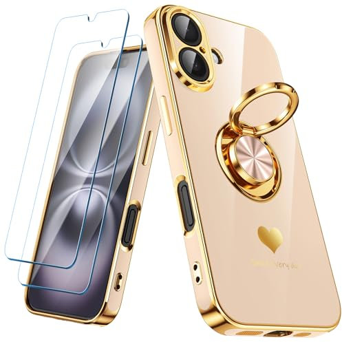 Nonional Compatible for iPhone 16 Case with 2 Pack Screen Protector, 360° Rotatable Ring Holder [Luxury Hearts Pattern] Plating Gold Edge Slim Soft Phone Cover Case for iPhone 16 - Pink