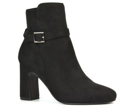 ESSEX GLAM Women's Ankle Boots Block Mid High Heel Ladies Black Faux Suede Buckle Strap Shoe Booties Size 4