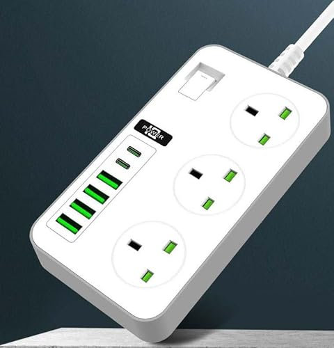 Extension Power Strip Extension Lead with 3 Outlets, 6 USB Ports (2 USB-C PD, 4 USB-A), 2m Cord, 3000W, 16A
