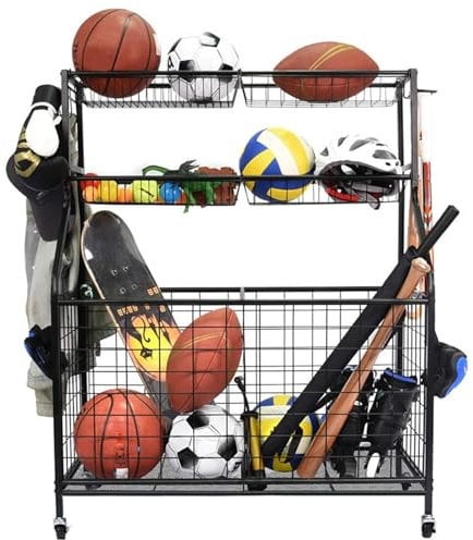 Garage Sports Equipment Organizer,Basketball Football Gear Holder with Baskets and Hooks,Toy Storage Rack with Wheels,Indoor/Outdoor Rolling Sports Ball Storage Cart