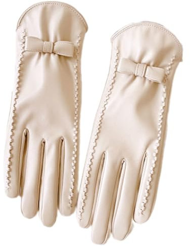 YUNNESS Modische PU-Lederhandschuhe für Damen mit Fleecefutter und Schleifen, Dekor, Wärme, bequem, winddicht, kältebeständig, Handbekleidung, beige, 23*8.5cm