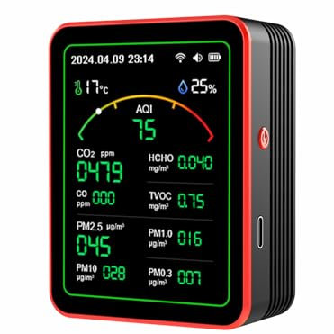 Hanzete 15-in-1 Air Quality Monitor Smart Air Quality Tester with CO/CO2/HCHO/TVOC//PM0.3/PM1.0/PM2.5/PM10/Temperature/Humidity/Time/Alarm Clock/Timer/Countdown Timer Mobile APP WiFi for Home & Office